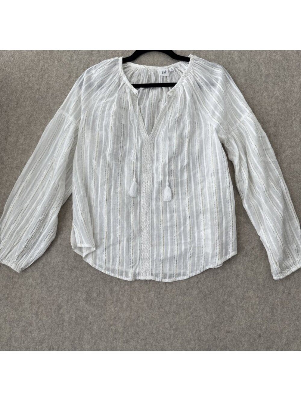 GAP Poet Blouse Womens Small Metallic Stripe‎ Tassel Boho Festival Top NWT